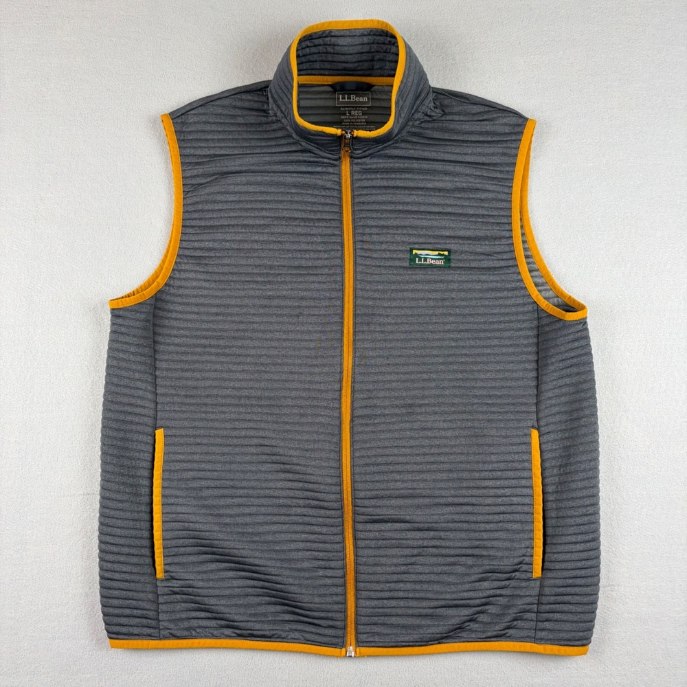 LL Bean Airlight Vest Mens Large Gray Yellow Full Zip Fleece Jacket Fitted